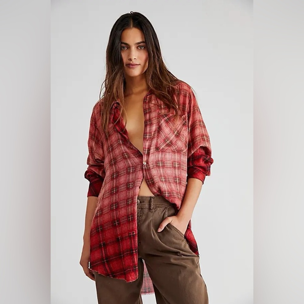 NWT Free People FP One Grunge Plaid Shirt - Red Combo